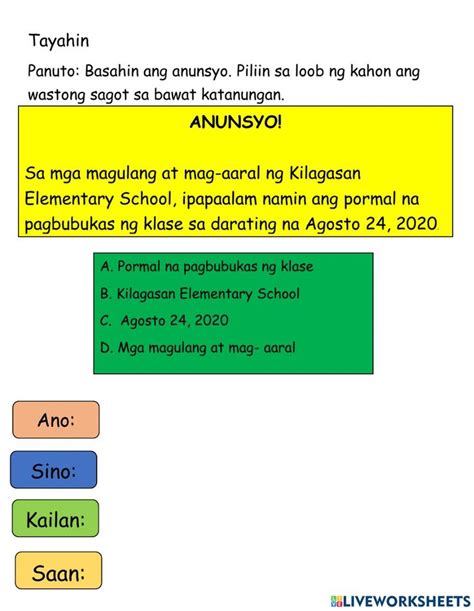halimbawa ng anunsyo|Anunsyo worksheet .